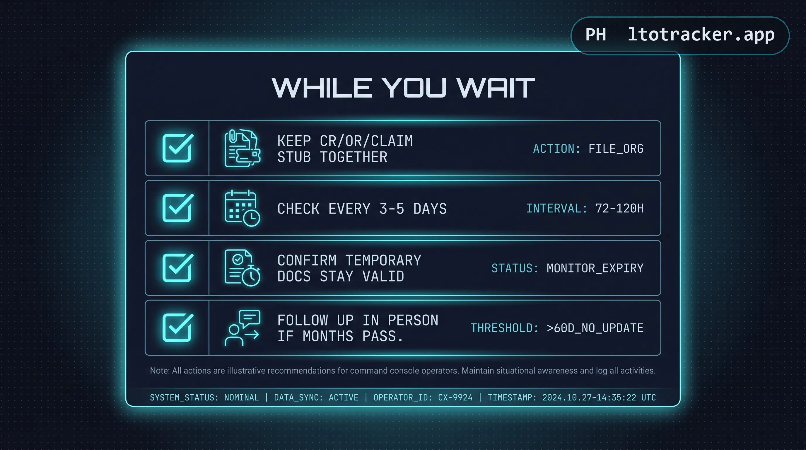 Checklist: keep CR, OR, and claim stub together, check every three to five days, confirm temporary documents stay valid, follow up in person if months pass