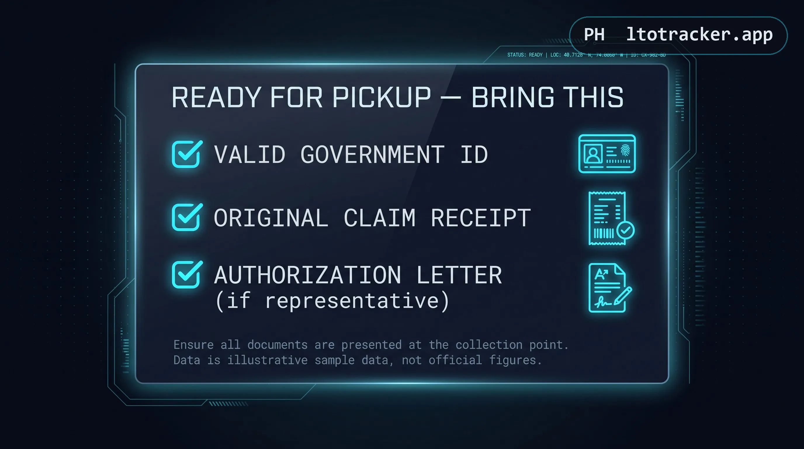 Checklist: valid government ID, original claim receipt, and an authorization letter if a representative is claiming