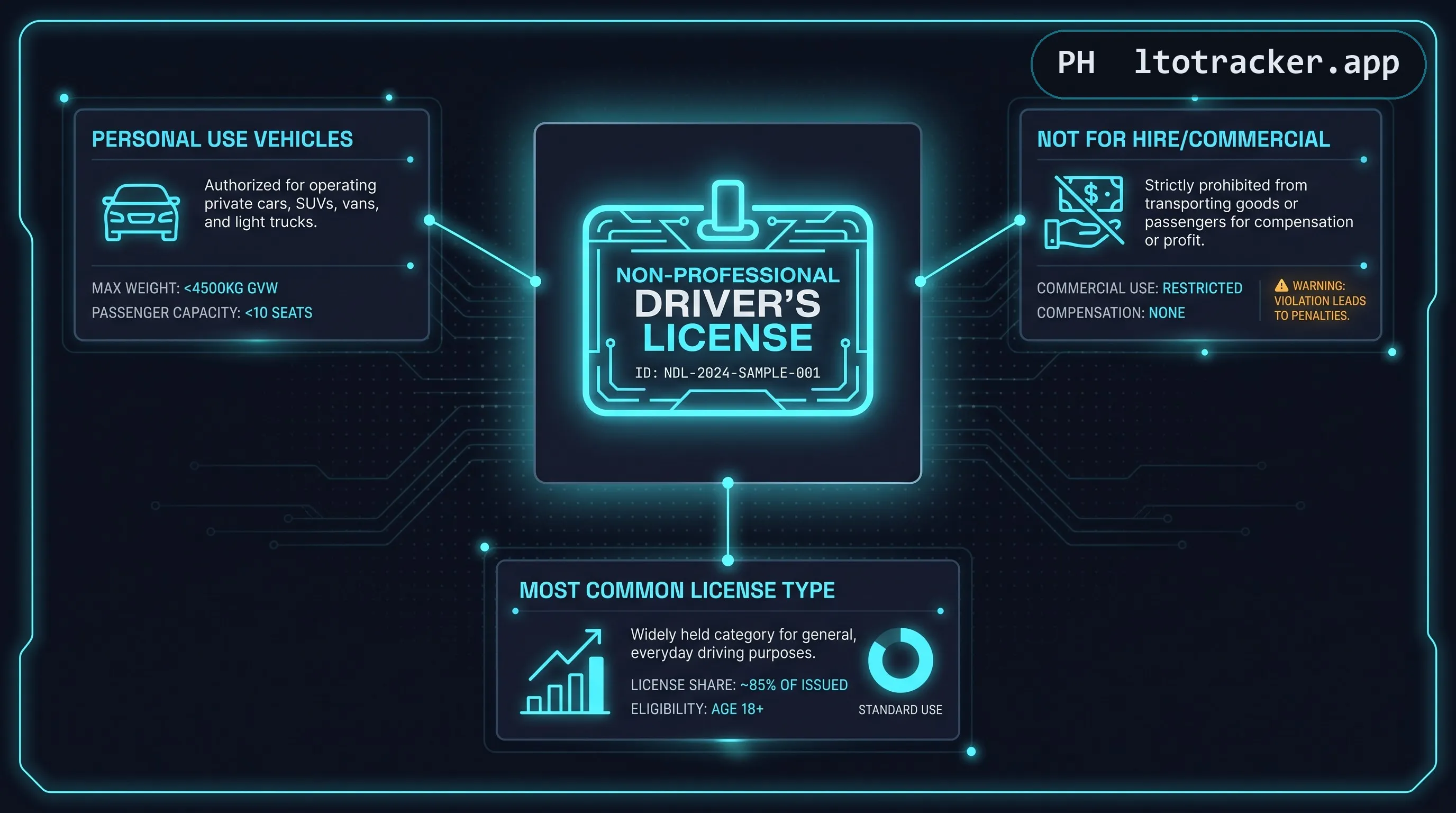 A glowing ID-card icon labeled non-professional driver's license, tagged for personal use vehicles, not for hire, and the most common license type