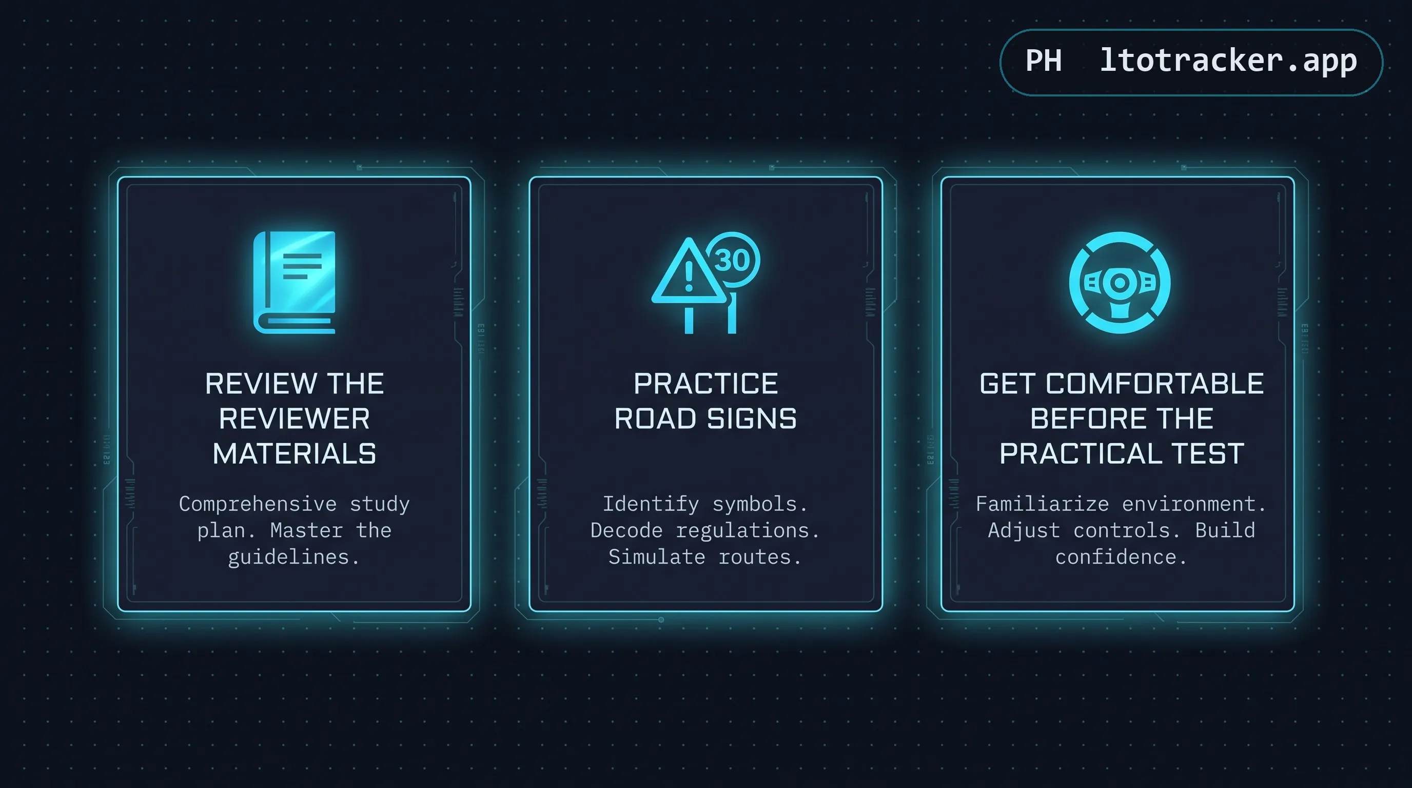 Three tip cards: review the reviewer materials, practice road signs, and get comfortable before the practical test